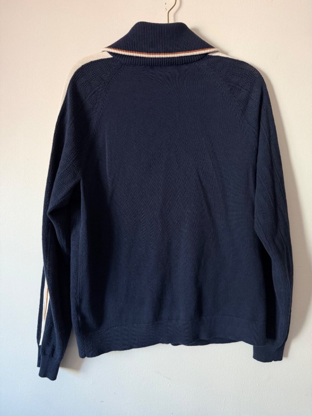 Reiss Navy Textured Knit Full-Zip Track Jacket With Striped Sleeves - Size S - Picture 8 of 9
